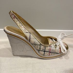 Coach wedges with laces, size 8, plaid with gold lining